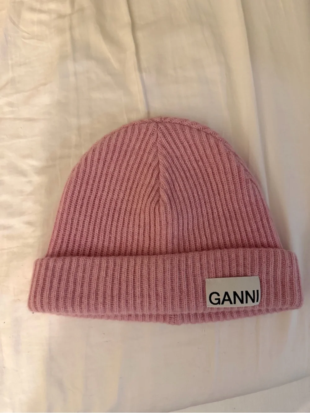 Ganni Pink Ribbed Fold-Over Beanie